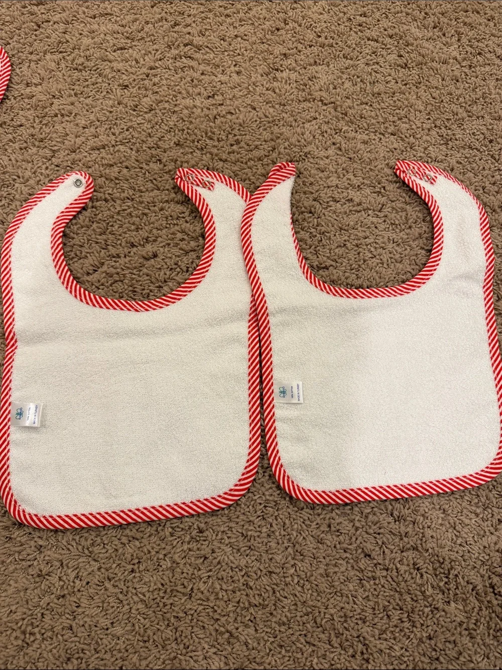 White Baby Bibs & Washcloth Set with Red and White striped trim